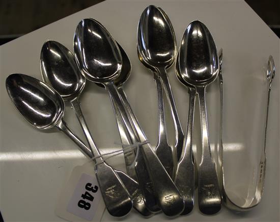 9 dessert spoons and tongs(-)